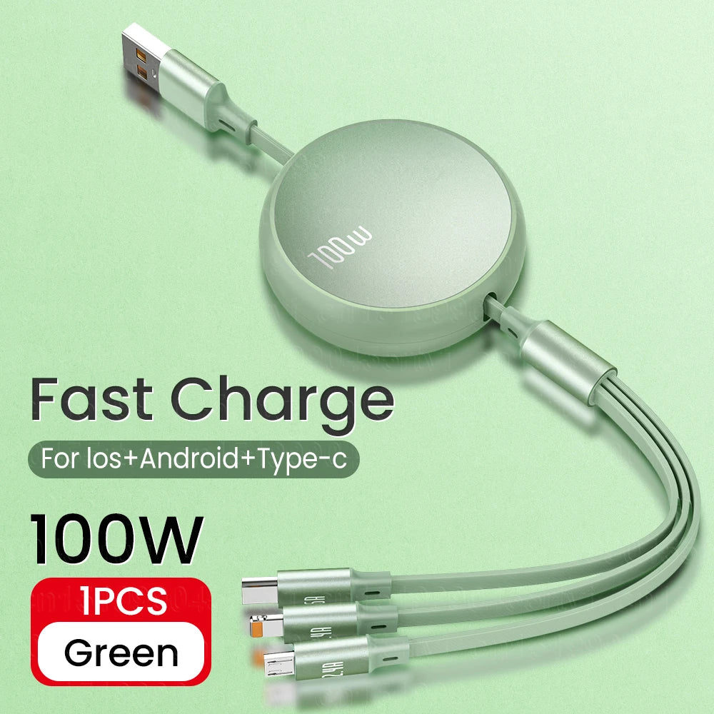 3 in 1 Retractable USB Fast Charger | 100W