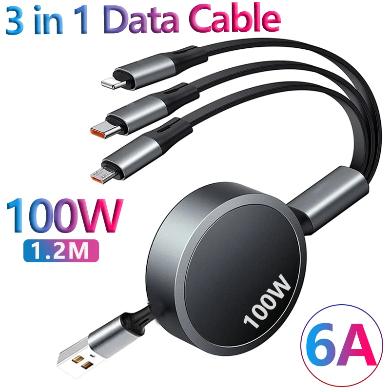 3 in 1 Retractable USB Fast Charger | 100W