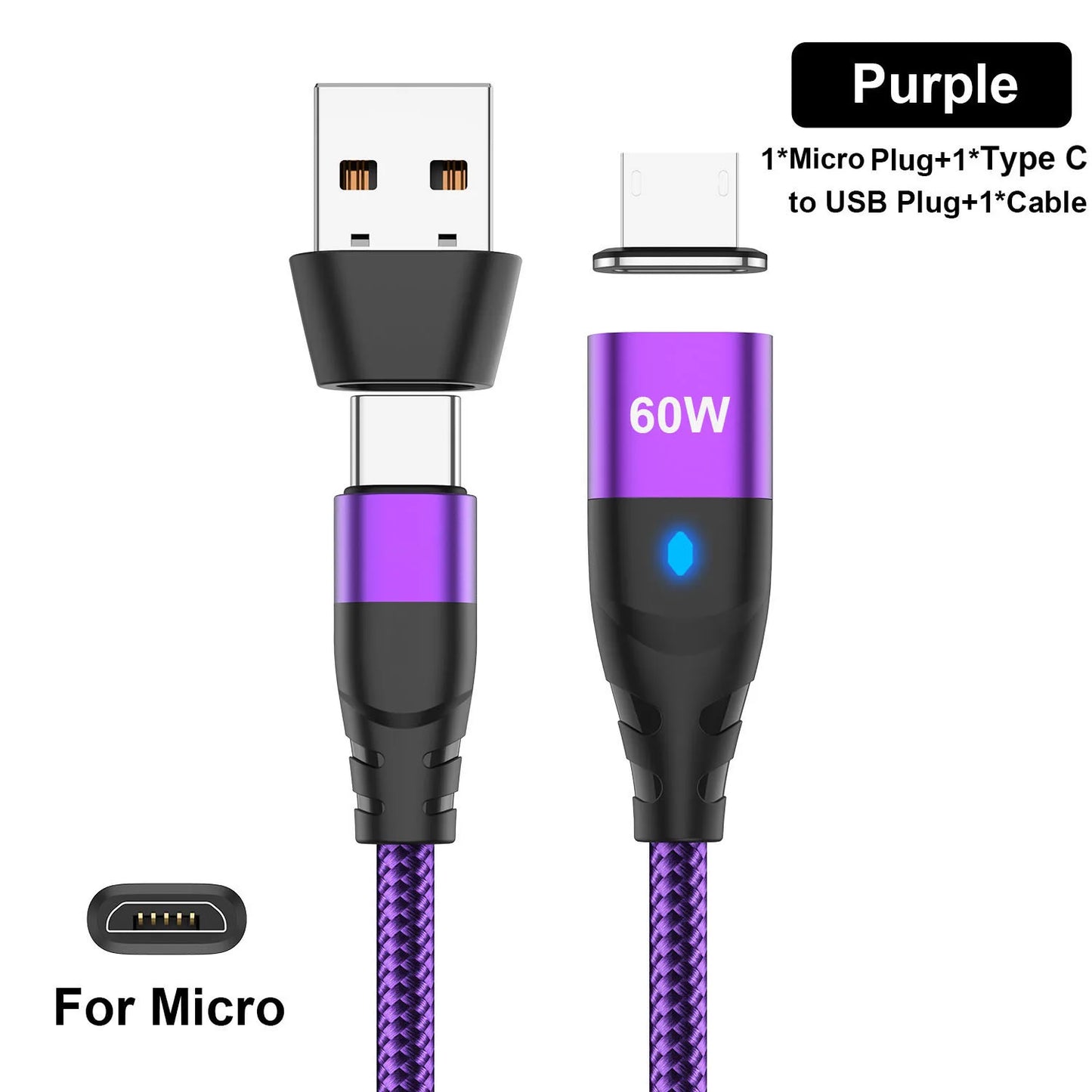 60W Magnetic Cable Fast Charging | USB-C, iPhone, Mirco USB