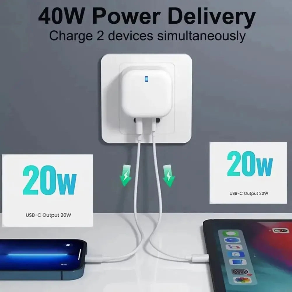 Dual USB C Wall Charger | Fast Power Adapter Plug 40W