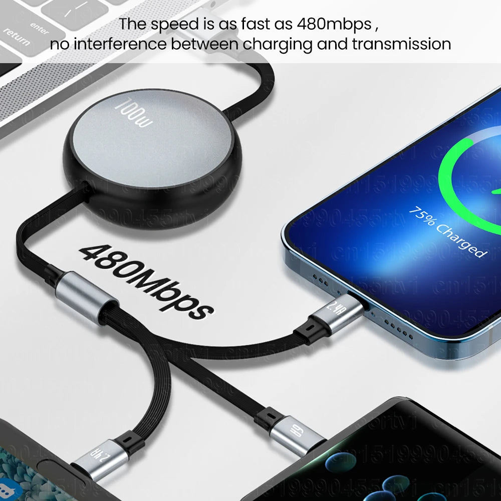 3 in 1 Retractable USB Fast Charger | 100W