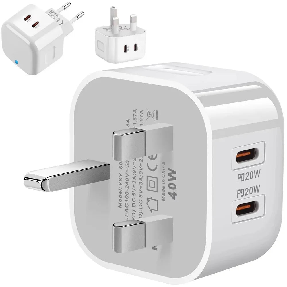 Dual USB C Wall Charger | Fast Power Adapter Plug 40W