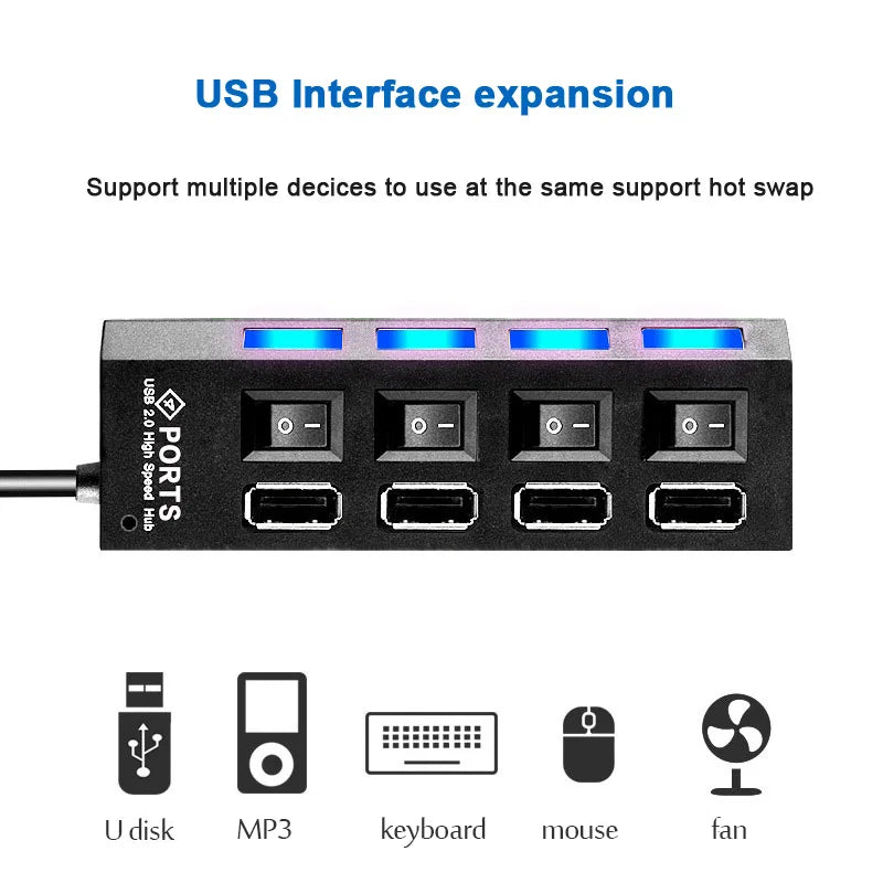 USB 2.0 Hub Splitter with Switch - 4/7 Ports | For Home or Office