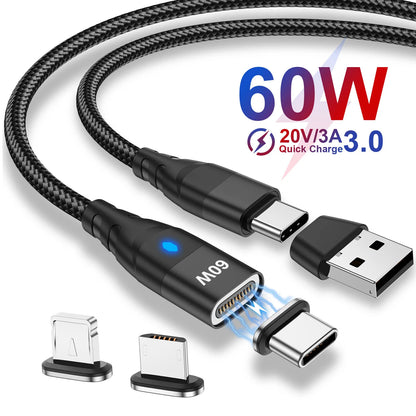 60W Magnetic Cable Fast Charging | USB-C, iPhone, Mirco USB