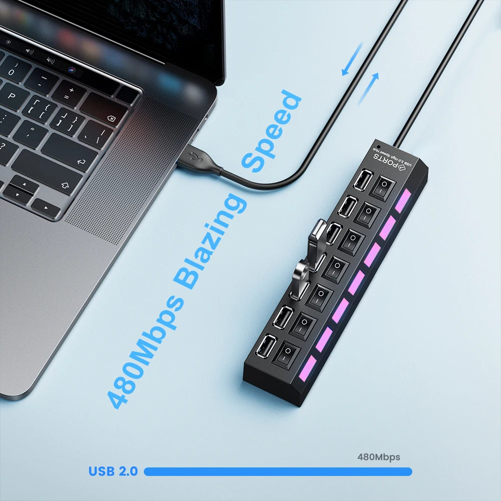 USB 2.0 Hub Splitter with Switch - 4/7 Ports | For Home or Office